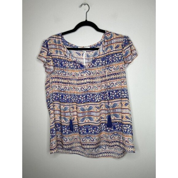 Rose + Olive Boho Blue Orange Paisley V Print Blouse Women's Size Medium NWT - Picture 1 of 9